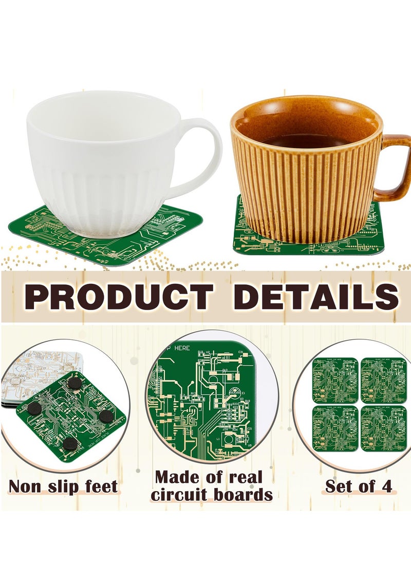 PCB Coasters, 4 Pcs Circuit Board Coasters, Funny Coasters Desk Decor, Men Funny Drink Coasters with Anti-Slip Pad, for Coffee Table Geeks Engineer Boyfriend Dads Gifts, Green