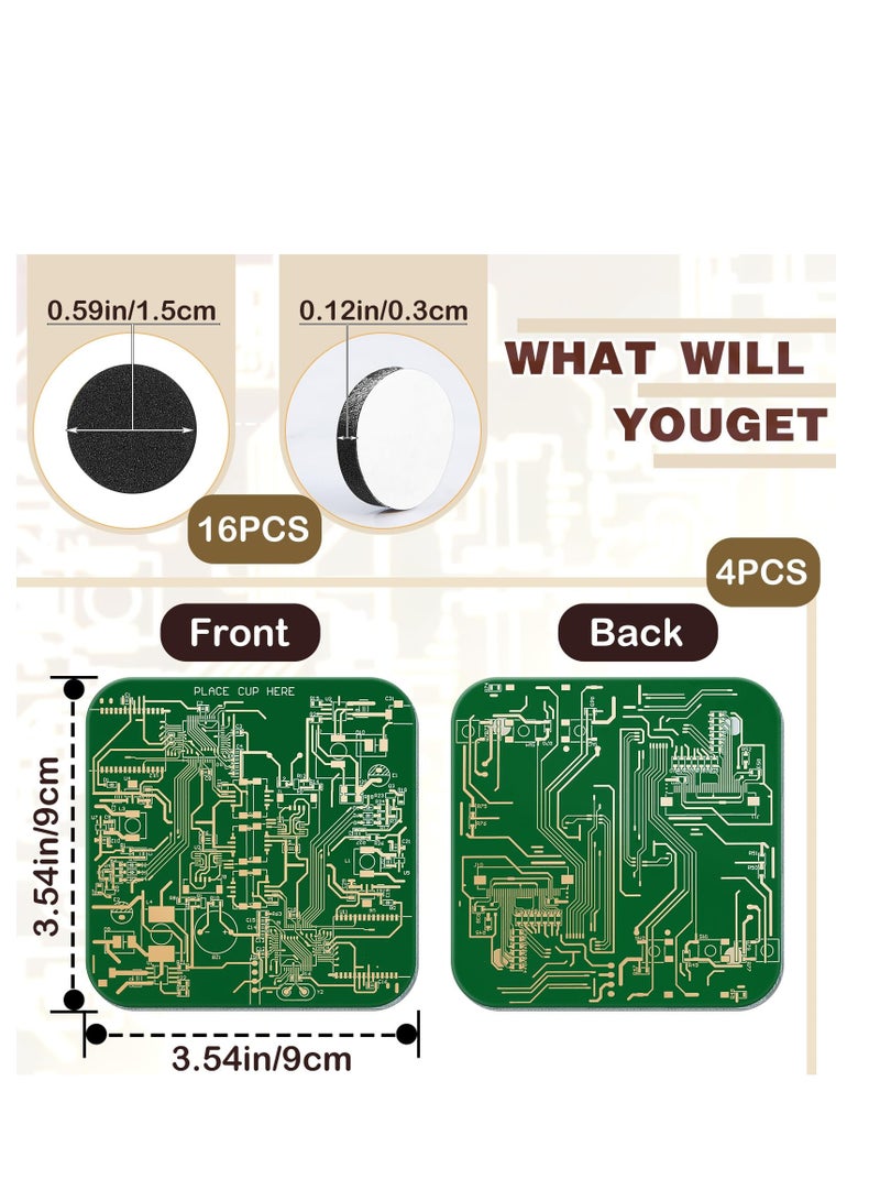 PCB Coasters, 4 Pcs Circuit Board Coasters, Funny Coasters Desk Decor, Men Funny Drink Coasters with Anti-Slip Pad, for Coffee Table Geeks Engineer Boyfriend Dads Gifts, Green