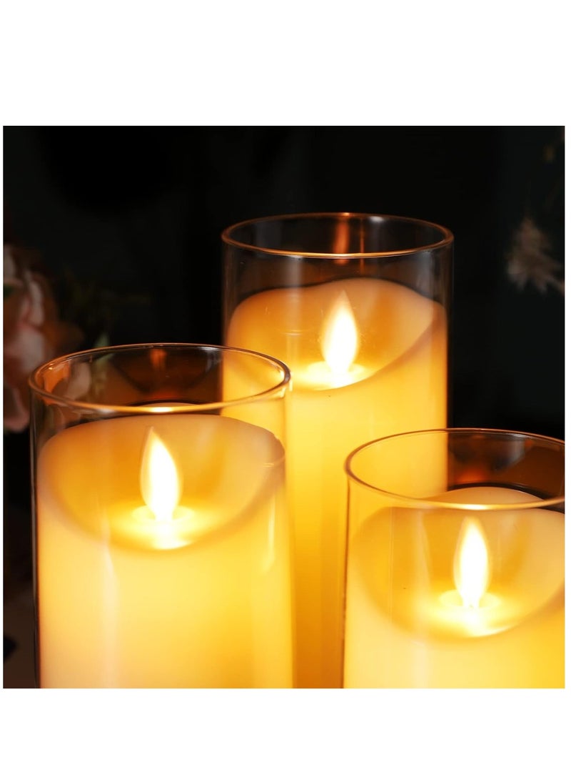 Pack of 3 Battery Operated Pillar Real Wax Moving Wick LED Glass Candle Sets  ACROSS Flickering Flameless Candles with Remote Control Timer for Holiday Wedding Party