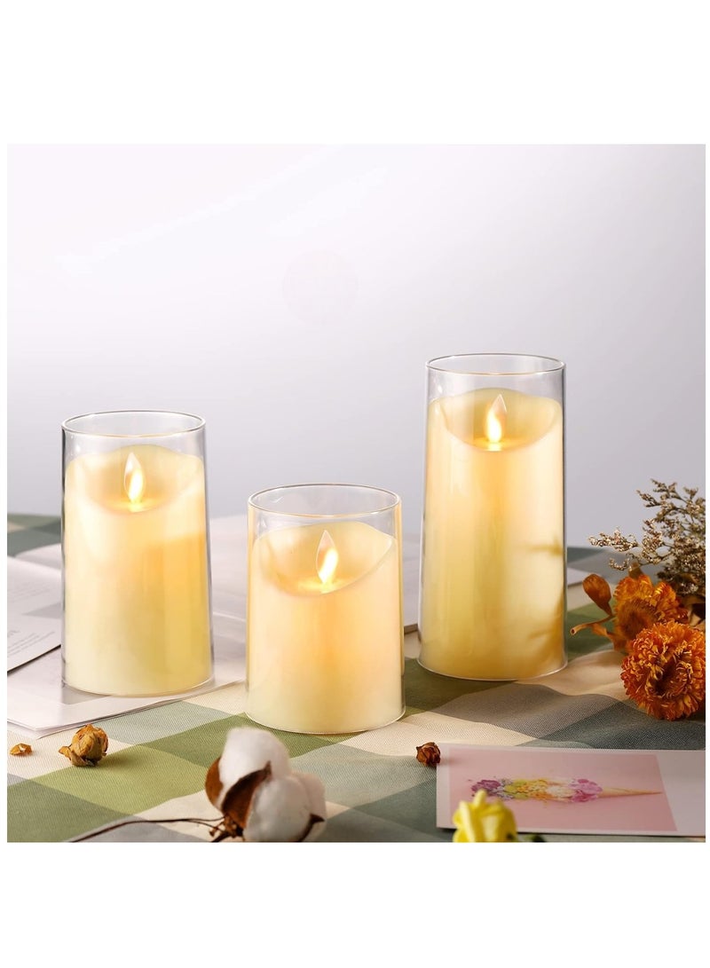 Pack of 3 Battery Operated Pillar Real Wax Moving Wick LED Glass Candle Sets  ACROSS Flickering Flameless Candles with Remote Control Timer for Holiday Wedding Party