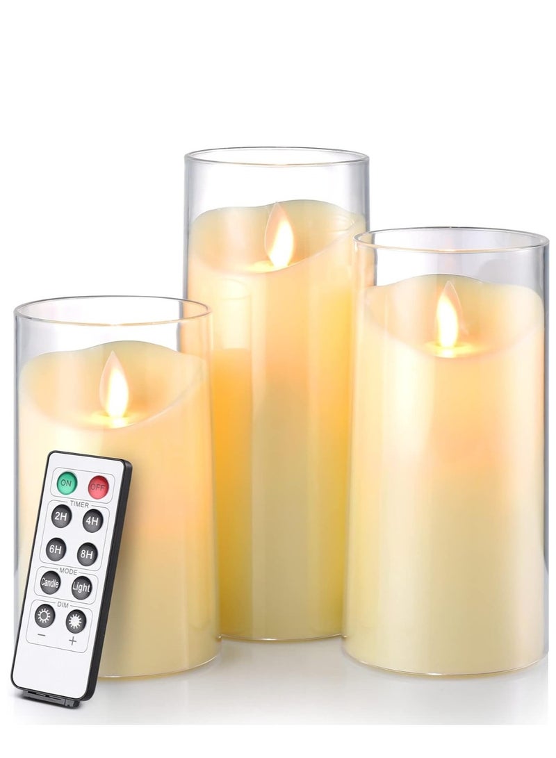 Pack of 3 Battery Operated Pillar Real Wax Moving Wick LED Glass Candle Sets  ACROSS Flickering Flameless Candles with Remote Control Timer for Holiday Wedding Party