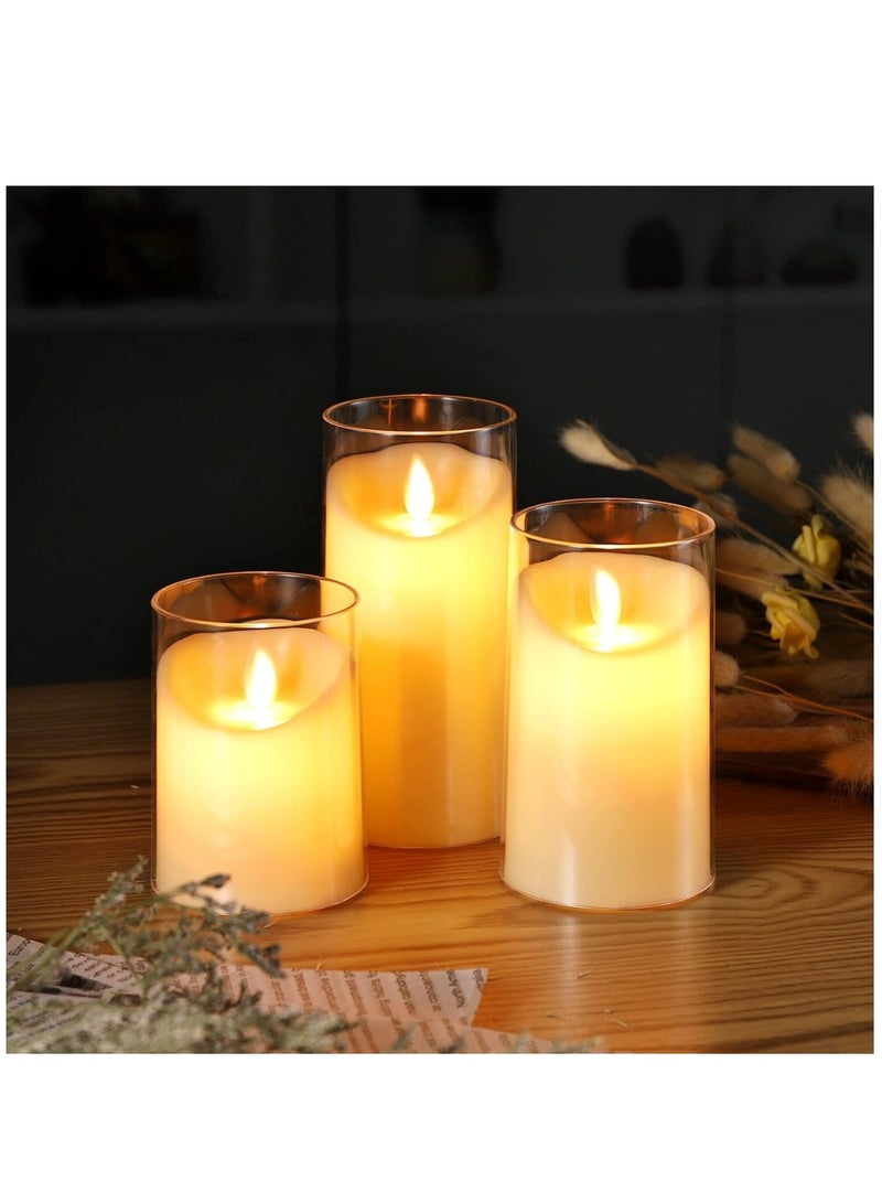 Pack of 3 Battery Operated Pillar Real Wax Moving Wick LED Glass Candle Sets  ACROSS Flickering Flameless Candles with Remote Control Timer for Holiday Wedding Party