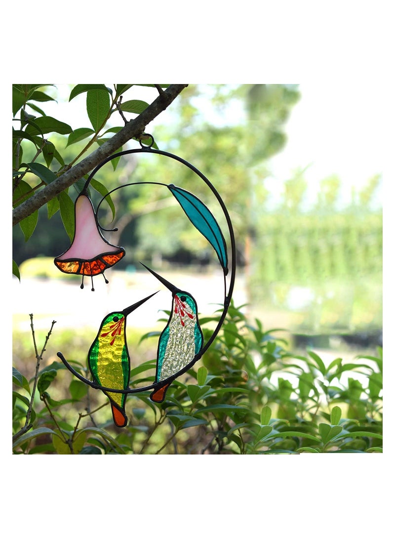 SYOSI Hummingbird with Flower, Home Decoration Stained Glass Suncatcher Window Hangings Gift for Decor, Green, 1 Pair