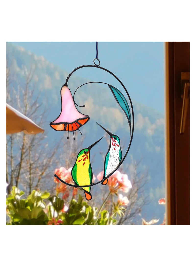 SYOSI Hummingbird with Flower, Home Decoration Stained Glass Suncatcher Window Hangings Gift for Decor, Green, 1 Pair