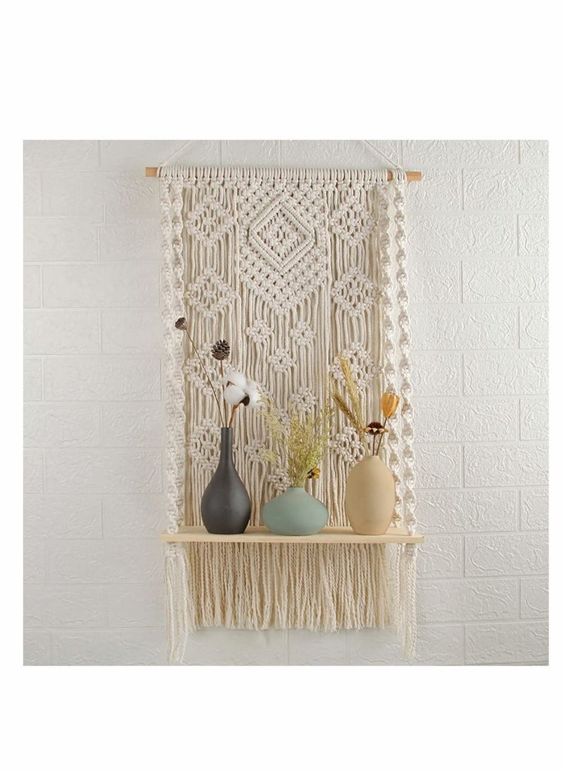 Macrame Wall Hanging Shelf Shelf Woven Home Organizer Decor White Handmade Wood Boho Rope Plant Pot Basket Hanger Holder Cotton for Decor