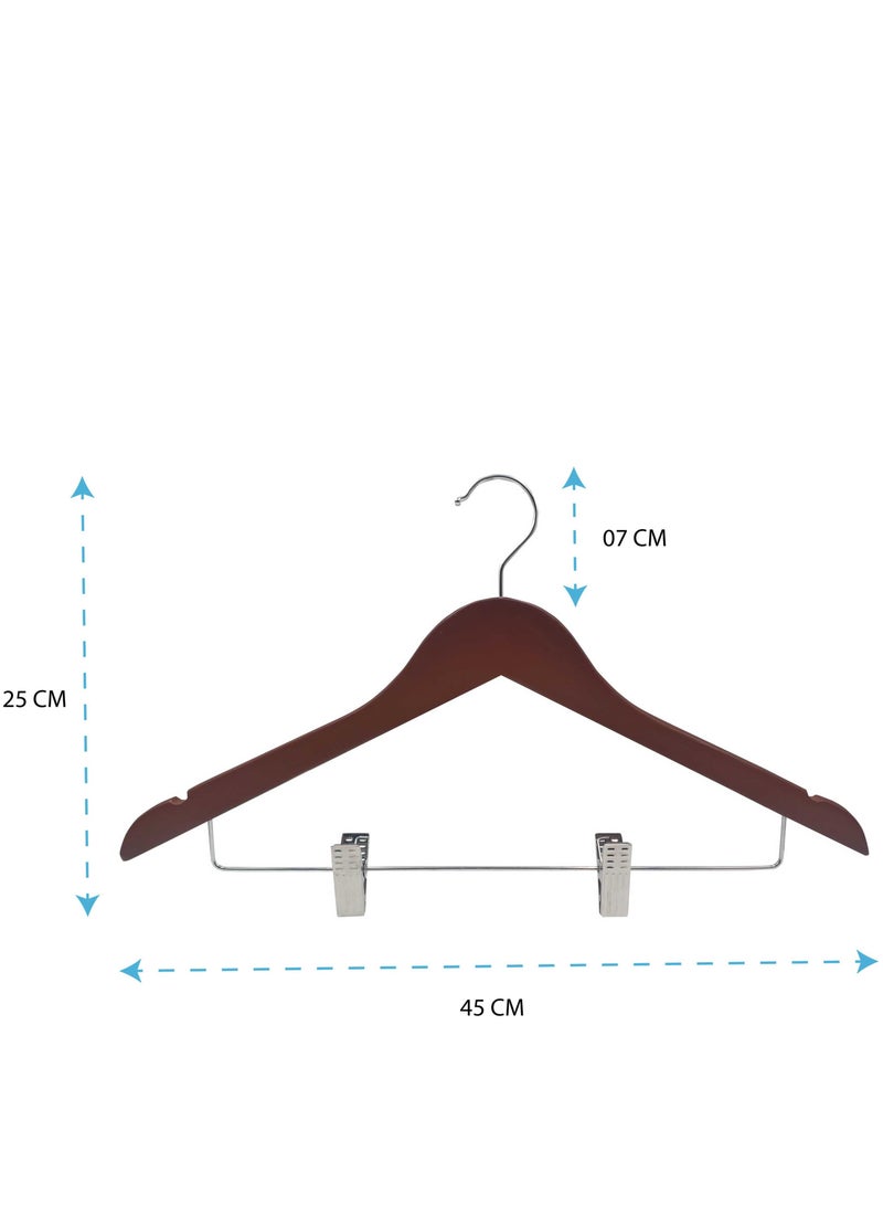 Wooden Hangers with Clips Smooth Solid Wood Pants Hangers with Durable Adjustable Metal Clips, 360° Swivel Hook, Brown Color Clip Hanger (10 Packs)