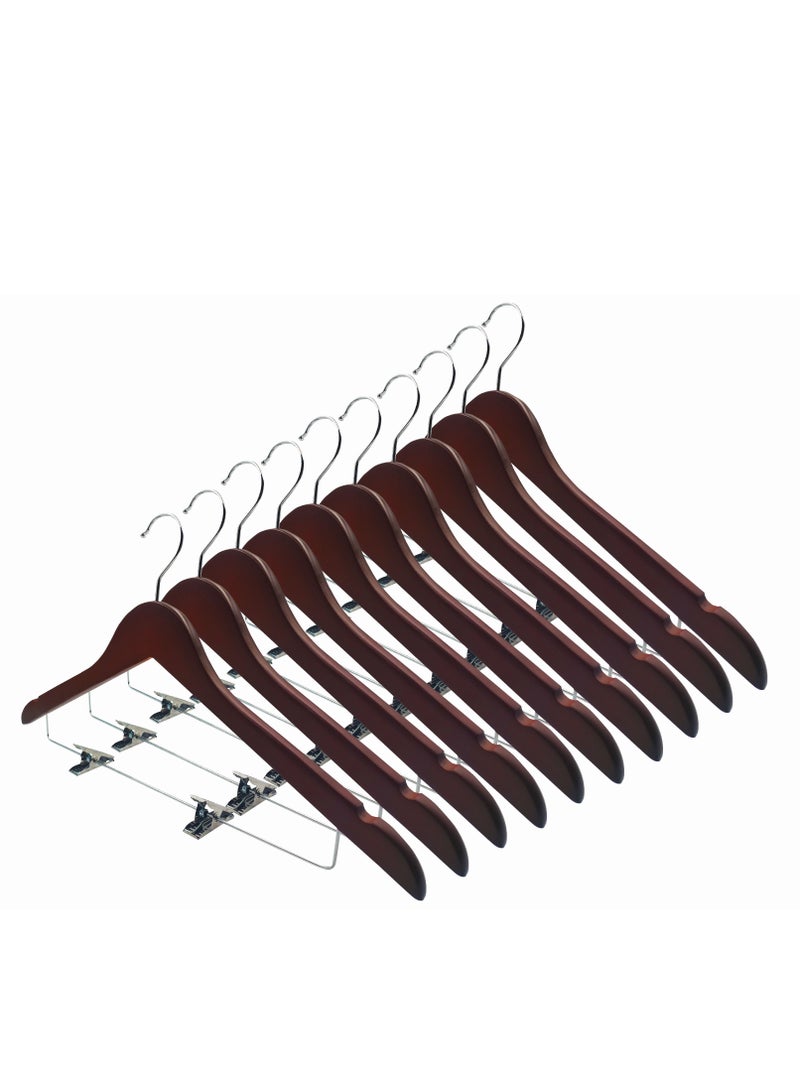 Wooden Hangers with Clips Smooth Solid Wood Pants Hangers with Durable Adjustable Metal Clips, 360° Swivel Hook, Brown Color Clip Hanger (10 Packs)