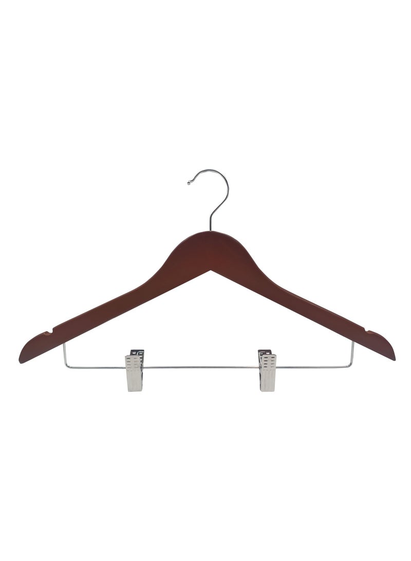 Wooden Hangers with Clips Smooth Solid Wood Pants Hangers with Durable Adjustable Metal Clips, 360° Swivel Hook, Brown Color Clip Hanger (10 Packs)