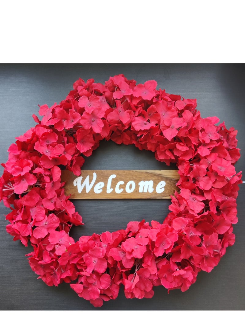 Door hanging wall hanging with welcome board ( pure teak wood ) 50 cm diameter artificial flowers arranged on wooden ring