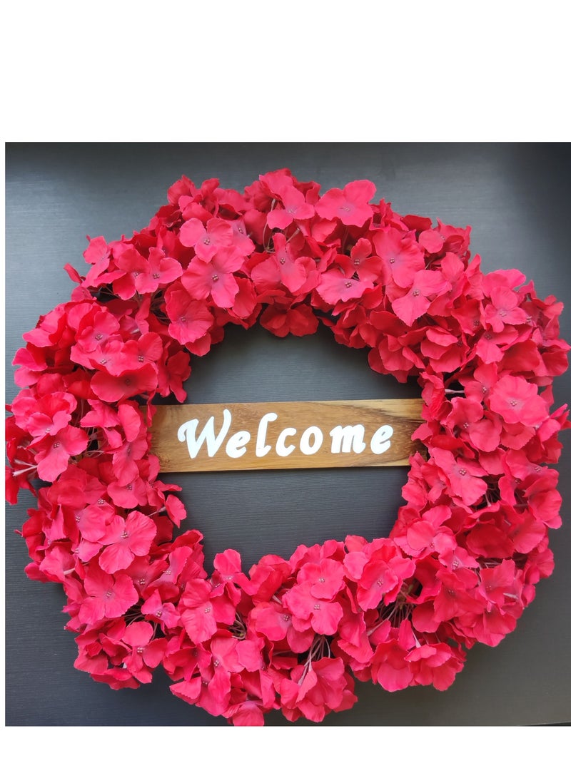 Door hanging wall hanging with welcome board ( pure teak wood ) 50 cm diameter artificial flowers arranged on wooden ring