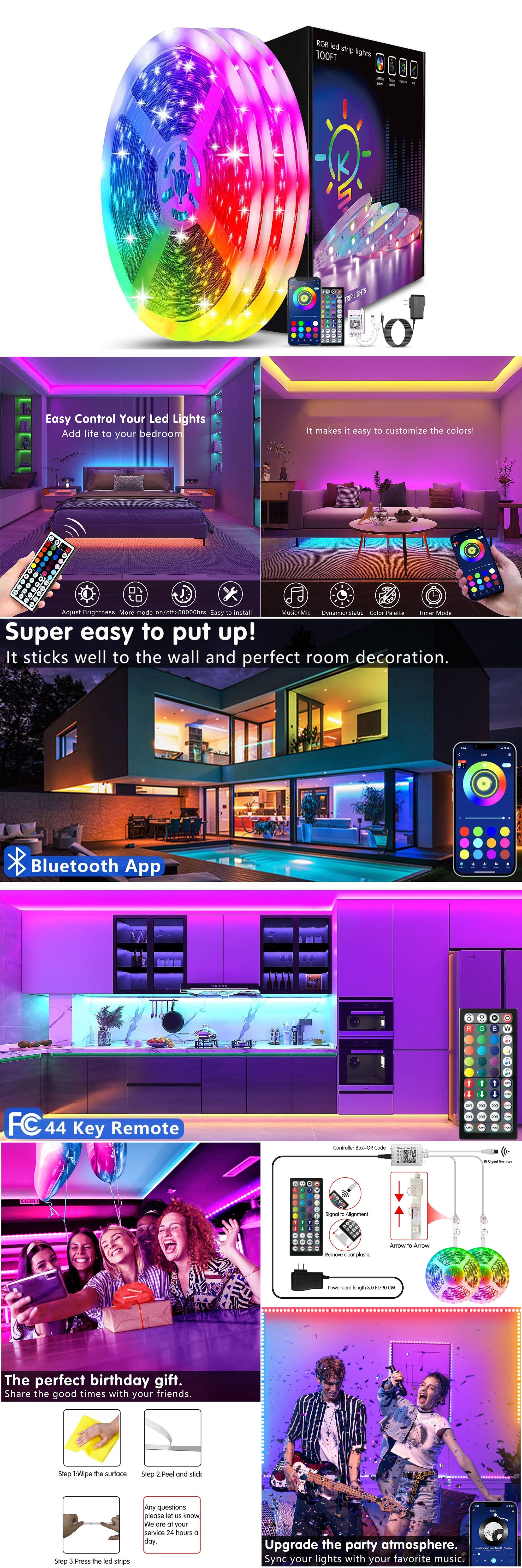 Led Light Strip Bluetooth Smart App Music Sync Color Changing RGB LED Light Strip with Remote Control and Power Adapter Led Lights for Bedroom Room Home Decor 100ft