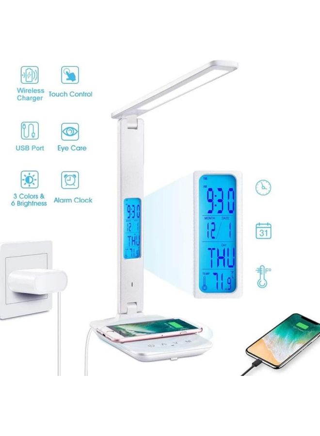 QI Wireless Charging LED Desk Lamp With Alarm Clock White 28x33x16cm