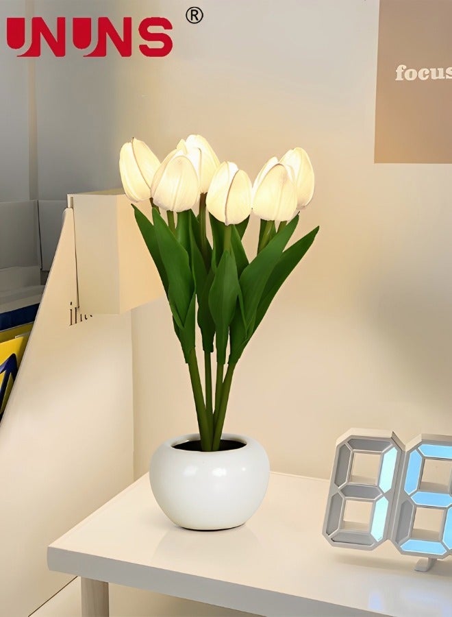 Led Table Lamp,Six Branches Stylish Tulip Flower Table Lamp,Artificial Flower Potted Night Light Gift For Birthday Party Wedding Room Decoration