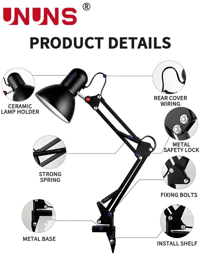 Metal Desk Lamp,Adjustable Gooseneck Table Lamp With Interchangeable Base And Clamp Base,Multi-Joint Swing Arm Desk Lamps For Home Office,Work,Study,Reading,Multi-Joint,Black