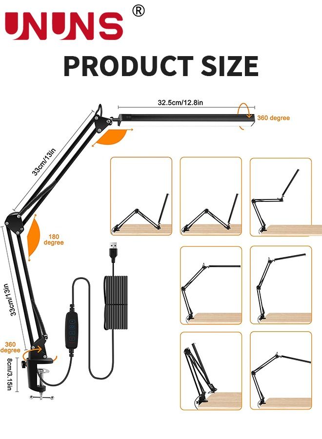 LED Desk Lamp,Swing Arm Desk Light With Clamp,3 Lighting Eye-Caring Modes,360 Degree Spin Reading Desk Lamps With USB Charging For Home Office