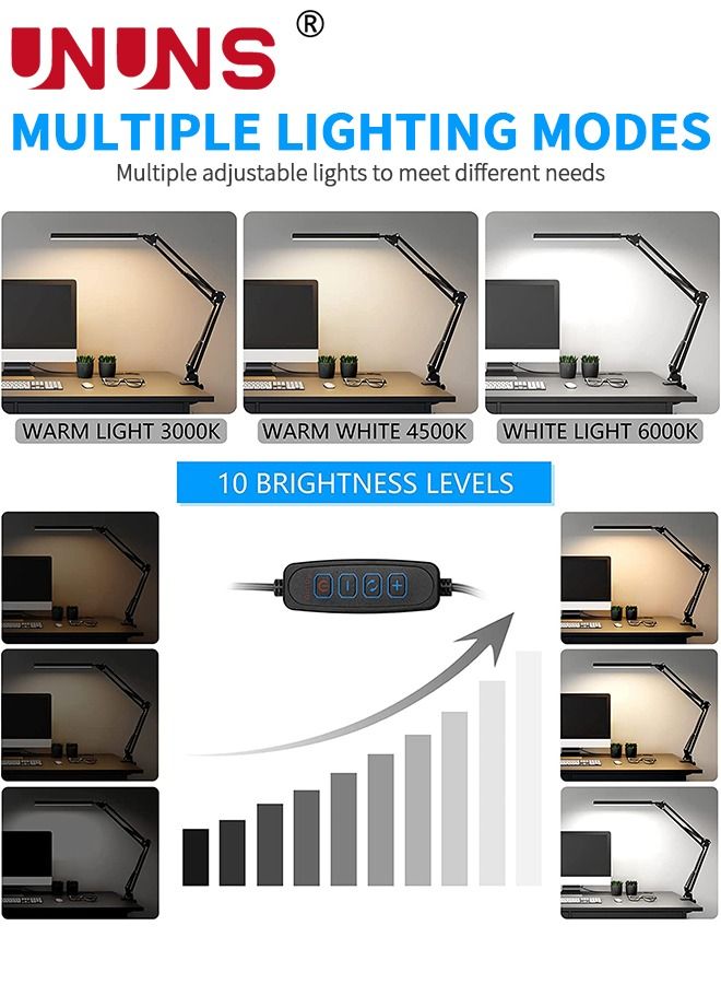 LED Desk Lamp,Swing Arm Desk Light With Clamp,3 Lighting Eye-Caring Modes,360 Degree Spin Reading Desk Lamps With USB Charging For Home Office