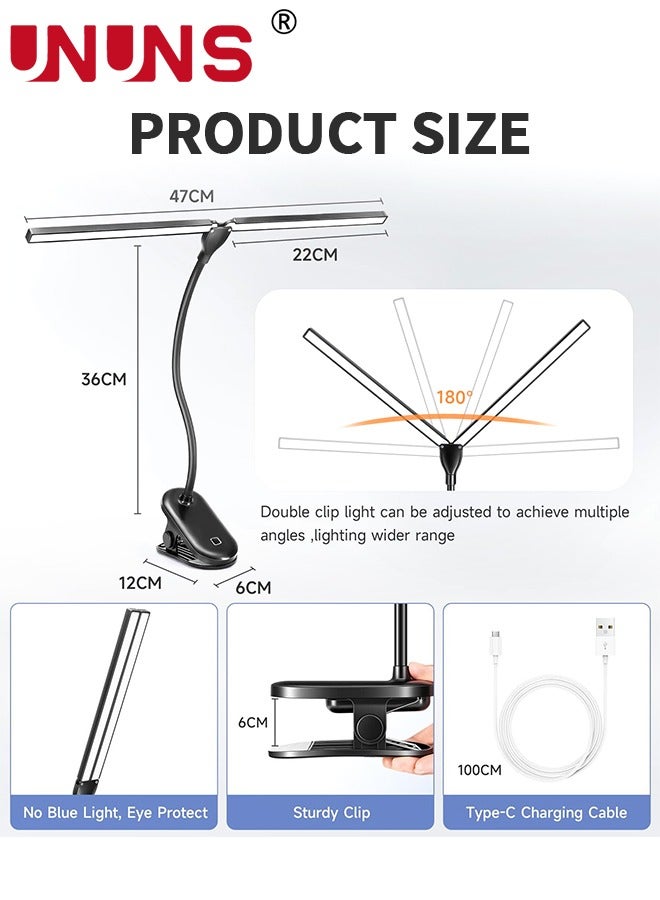 Desk Lamp,24 LED 900LM Double Head LED Desk Light,3 Modes Dimmable LED Desk Lamp Clip On Light,Rechargeable LED Desk Lamps For Home Office,Study,Piano