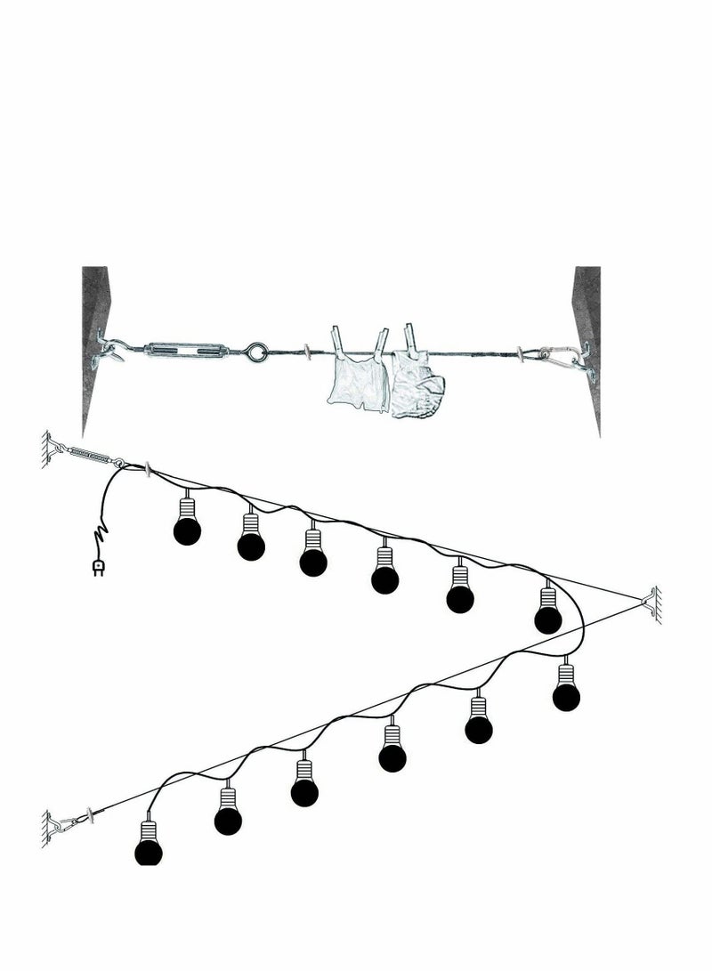 String Light Hanging Kit，Stainless Steel Cable for Outdoor Lights，Globe String Light Suspension Kit Include 182 FT Wire Rope Cable Turnbuckle and Hooks Easy to Install Outdoor Indoor