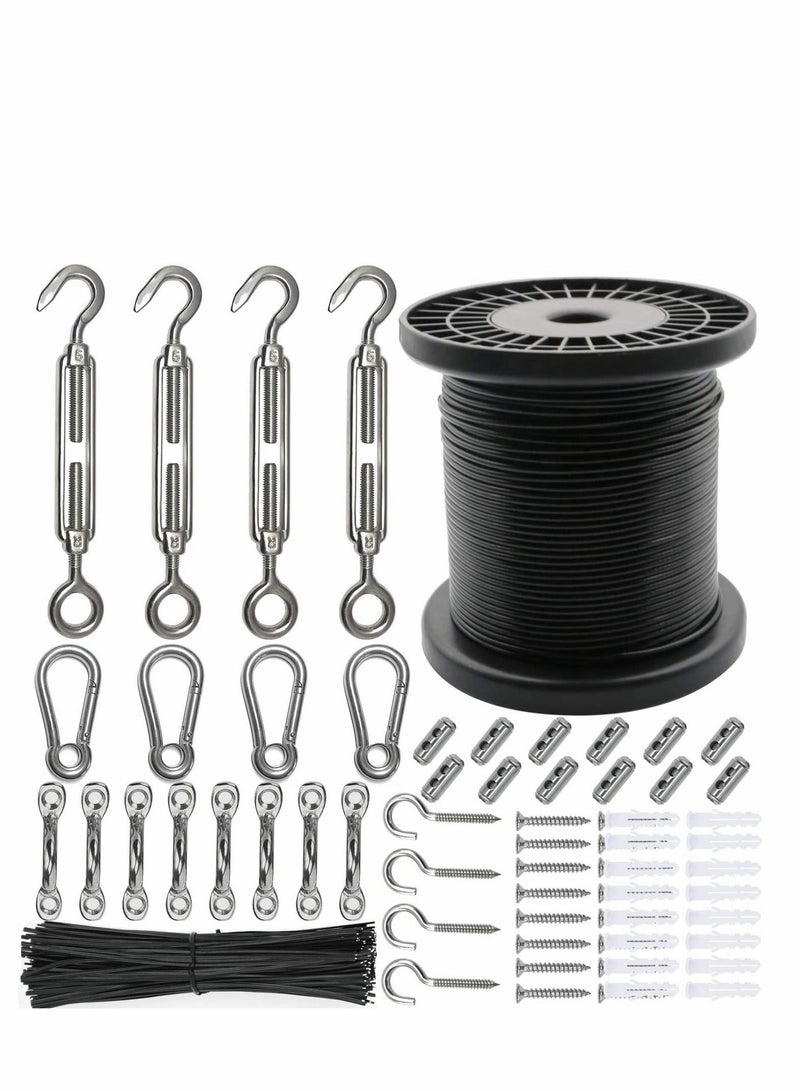 String Light Hanging Kit，Stainless Steel Cable for Outdoor Lights，Globe String Light Suspension Kit Include 182 FT Wire Rope Cable Turnbuckle and Hooks Easy to Install Outdoor Indoor