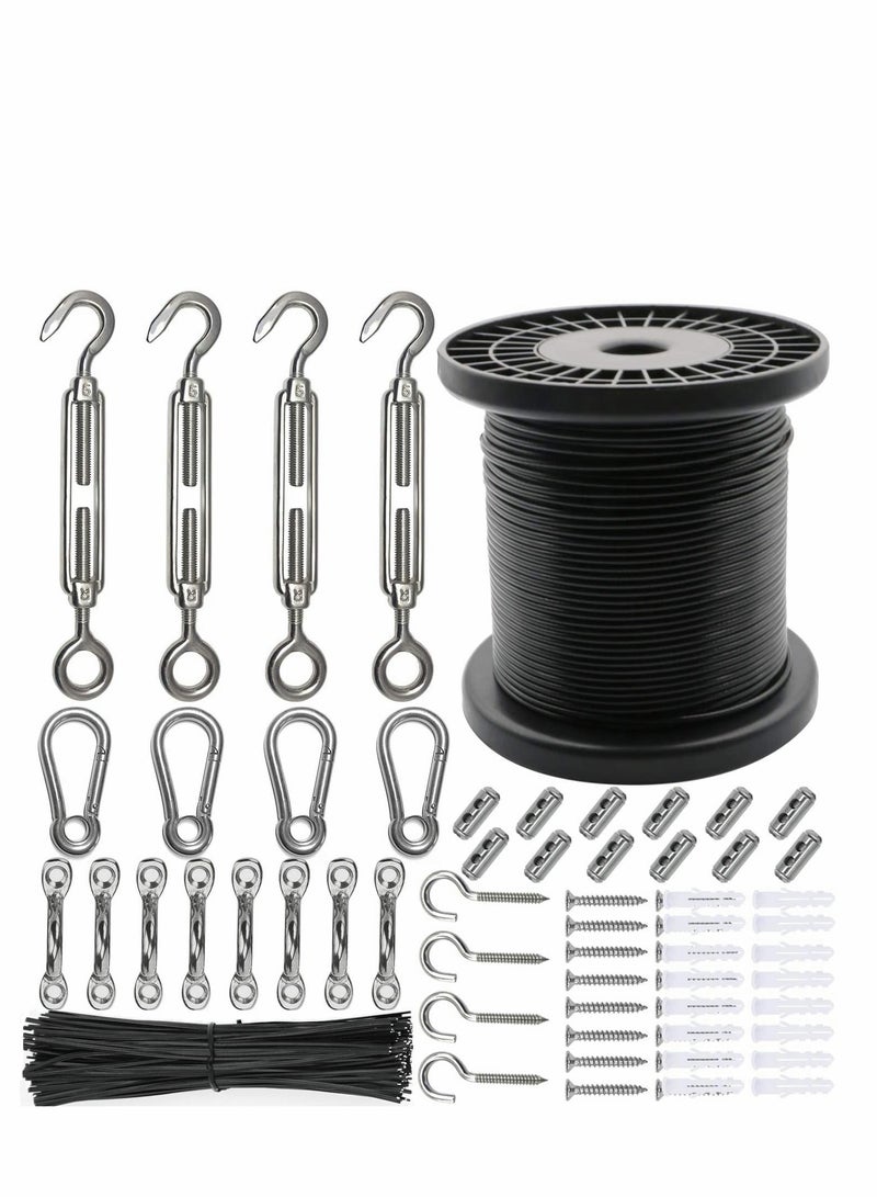 String Light Hanging Kit，Stainless Steel Cable for Outdoor Lights，Globe String Light Suspension Kit Include 182 FT Wire Rope Cable Turnbuckle and Hooks Easy to Install Outdoor Indoor