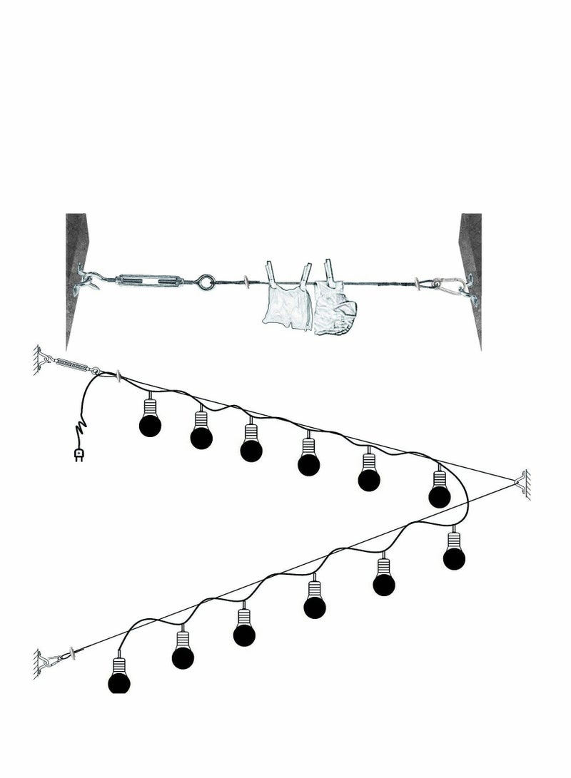 String Light Hanging Kit，Stainless Steel Cable for Outdoor Lights，Globe String Light Suspension Kit Include 182 FT Wire Rope Cable Turnbuckle and Hooks Easy to Install Outdoor Indoor