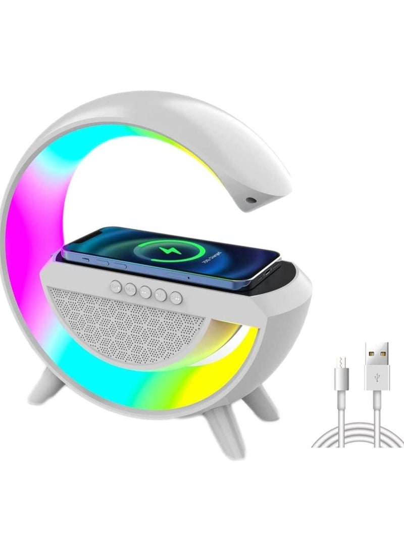 RGB Atmosphere Lamp, Color Changing Mood Light with Wireless Charger, 3 In 1 Dimmable Night Light with Alarm Clock, Bluetooth Speaker, Fast Charger for Bedroom