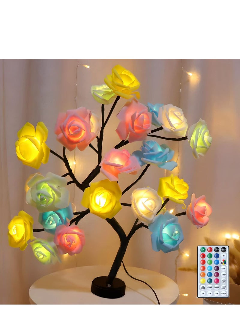 Rose Flower Tree Lamp, Multicolor 18 Colors Led Table Lamp for Girls Women Bedroom Living Room Decor Gifts Light Up Flowers USB/Battery Operated with Remote Control Timer