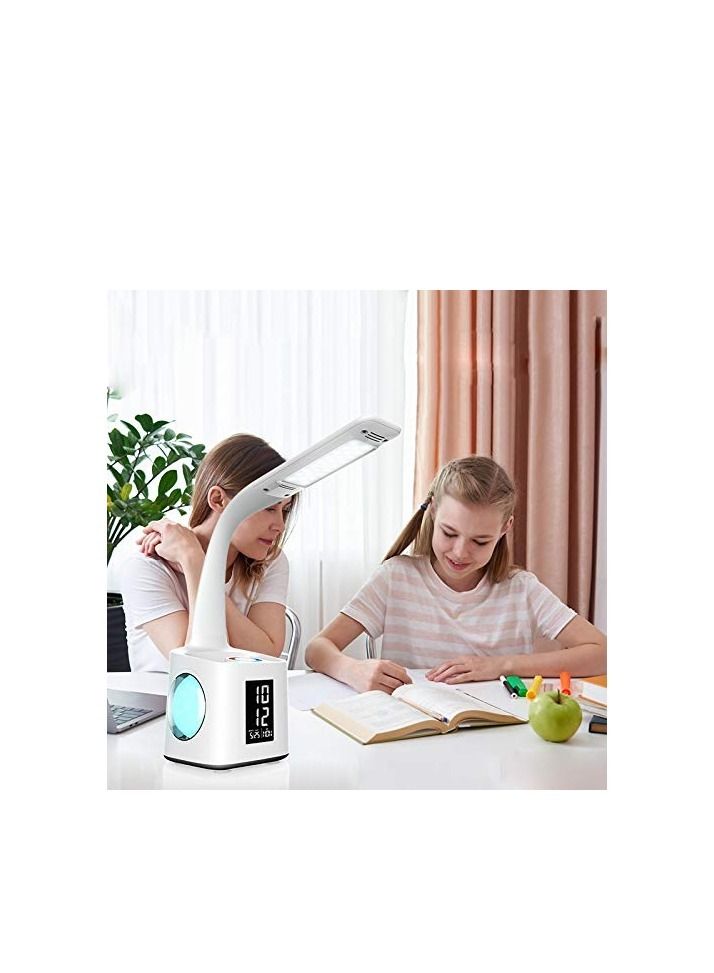 LED Desk Lamp with USB Charging Port, 10W Touch Control Dimmable Office Lamp, Table Pen Holder & Clock, Suitable for Home Bedroom Reading Study