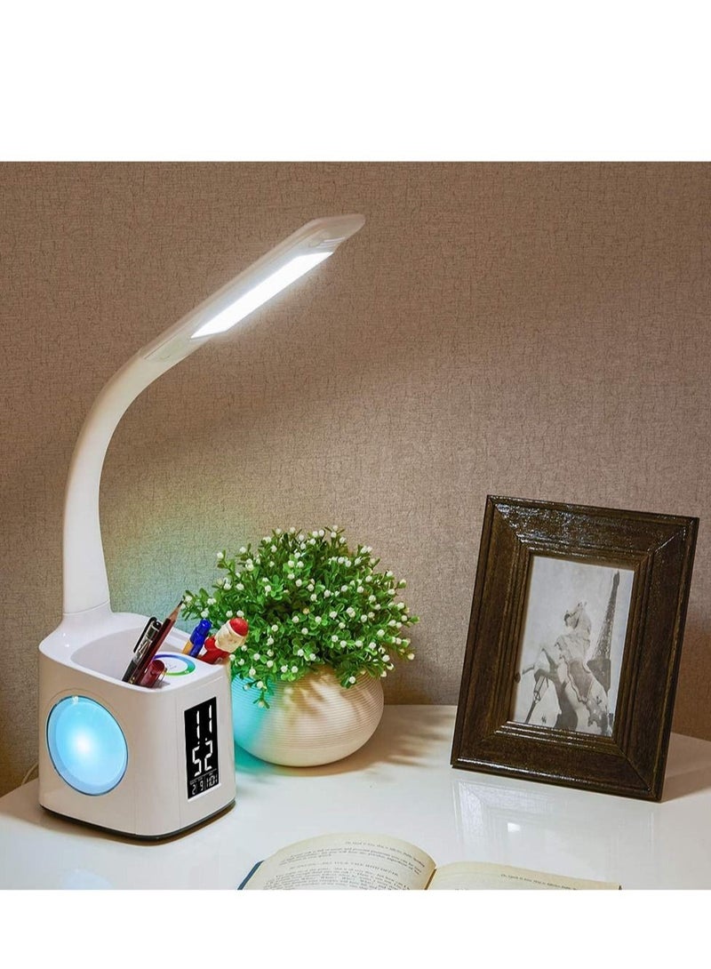 LED Desk Lamp with USB Charging Port, 10W Touch Control Dimmable Office Lamp, Table Pen Holder & Clock, Suitable for Home Bedroom Reading Study