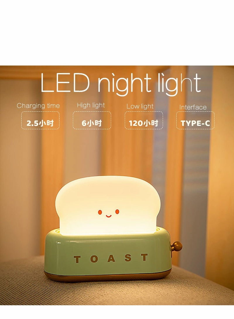 Desk Decor Toaster Lamp, Night Light for Kids, Rechargeable Small Lamp with Smile Face Toast Bread Cute Room Bedroom, Bedside, Living Room, Dining, Decorations, Gift (Green)