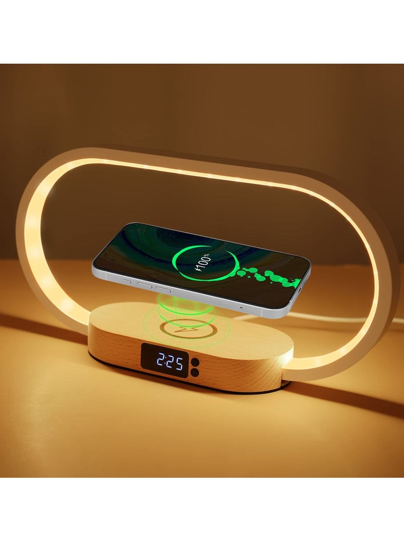 Bedside Lamp with Wireless Charger, LED Desk USB Port, Touch Control Table Clock, Ideal for Bedroom Nightstand, Dimmable & 3 Colors Temperatures, Modern Home Office Decor