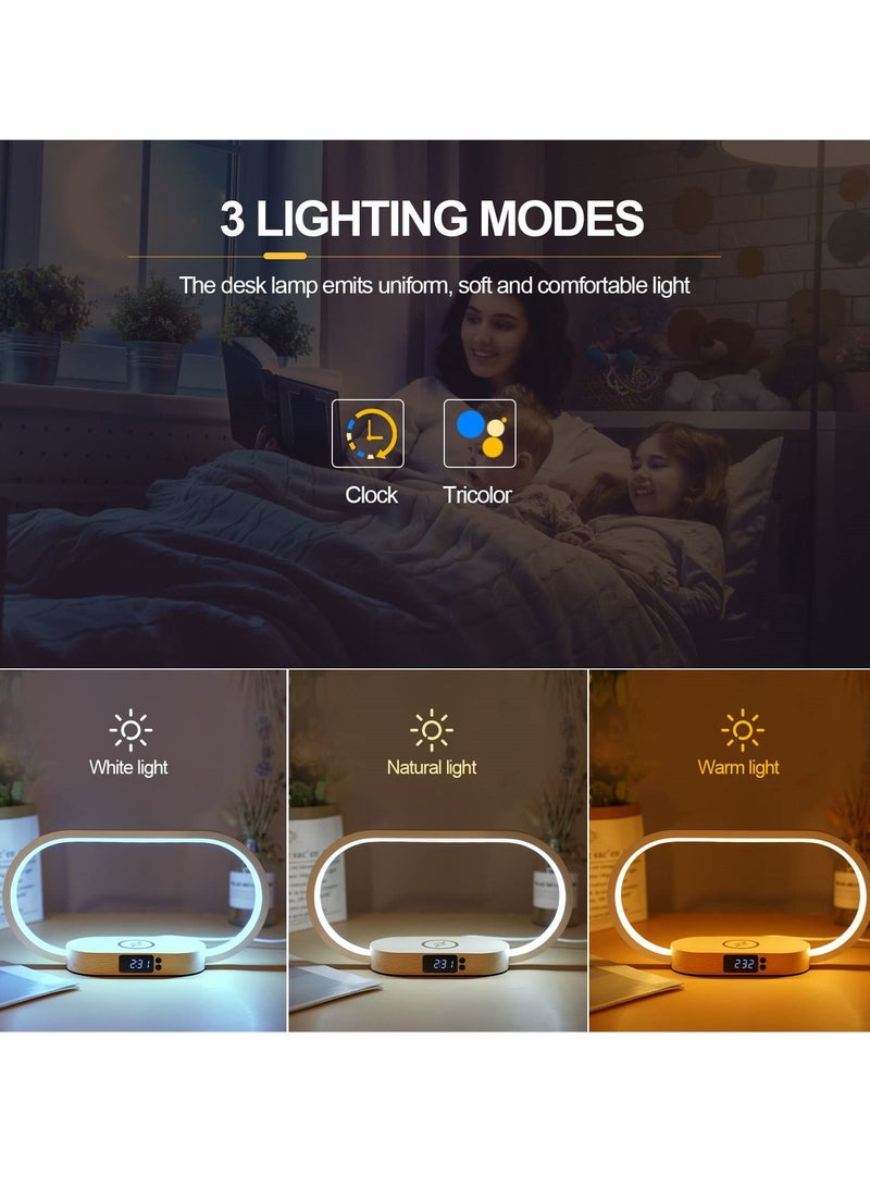 Bedside Lamp with Wireless Charger, LED Desk USB Port, Touch Control Table Clock, Ideal for Bedroom Nightstand, Dimmable & 3 Colors Temperatures, Modern Home Office Decor