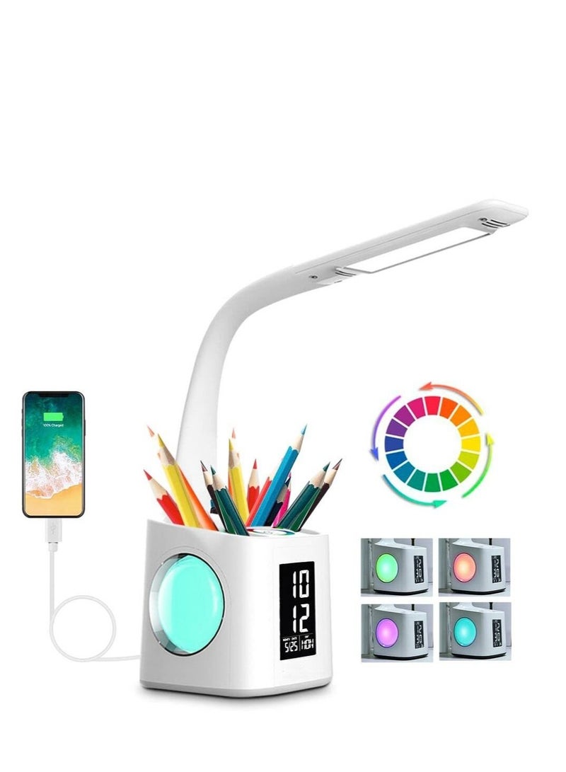 LED Desk Lamp with USB Charging Port, 10W Touch Control Dimmable Office Lamp, Table Pen Holder & Clock, Suitable for Home Bedroom Reading Study