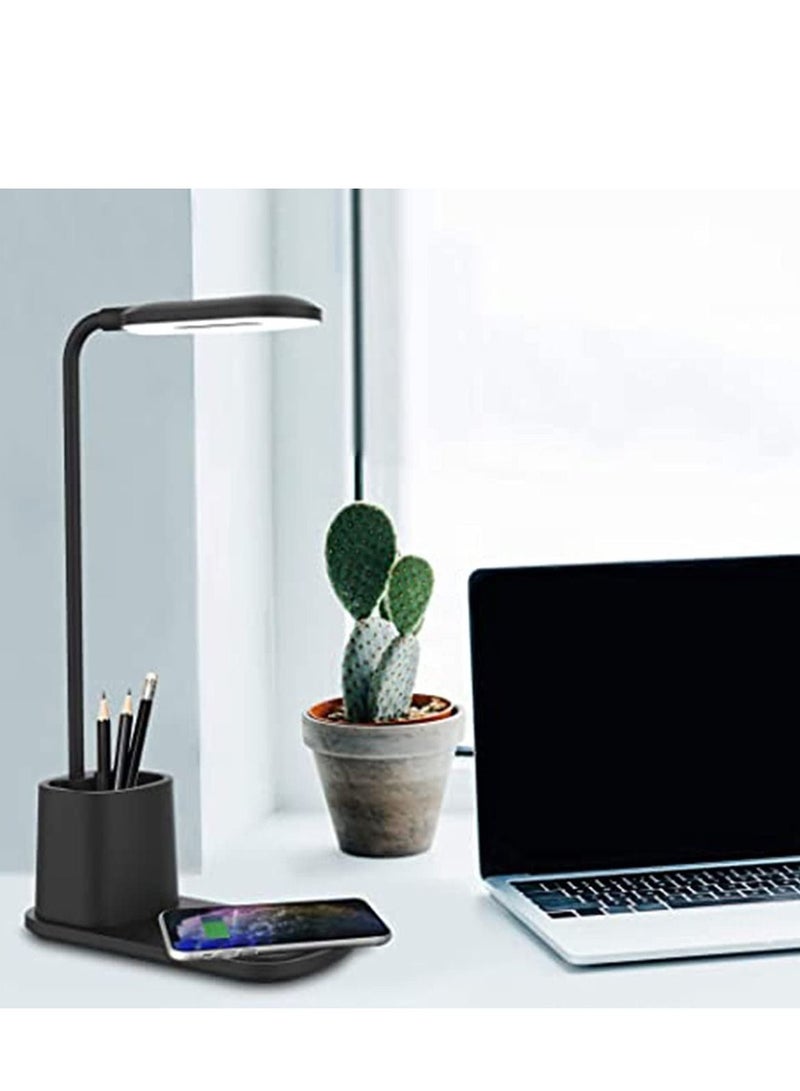 LED Desk Lamp with Wireless Charger Adjustable USB Powered Reading Light Dimmable Eye Caring Desktop Organizer 3 Brightness Levels Black for Home, Office, Bedroom