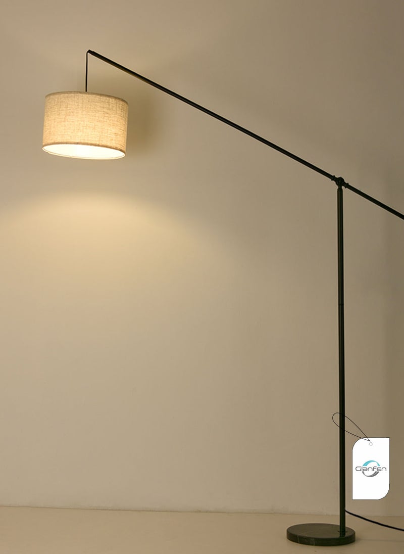 Creative Simple Atmosphere Standing Floor Lamp Cantilever Vertical Adjustable Balance Arm Natural Linen Drum Lampshade Matte Black Metal Pole Foot Switch