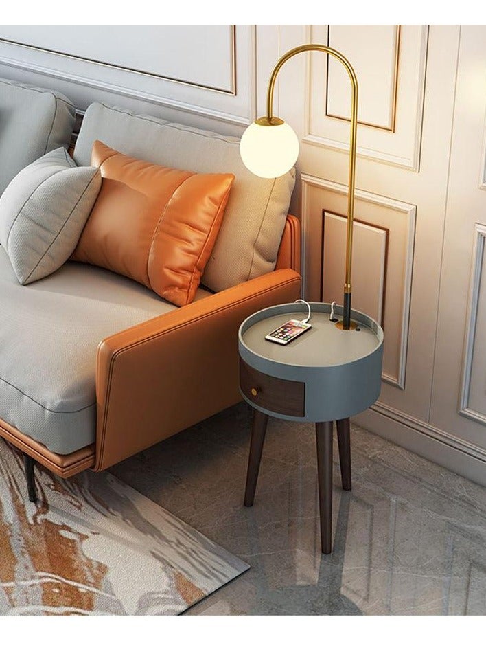 Modernize Stylish Decorative Floor Lamp Attached Wooden Round Table with Drawer and Charging Port