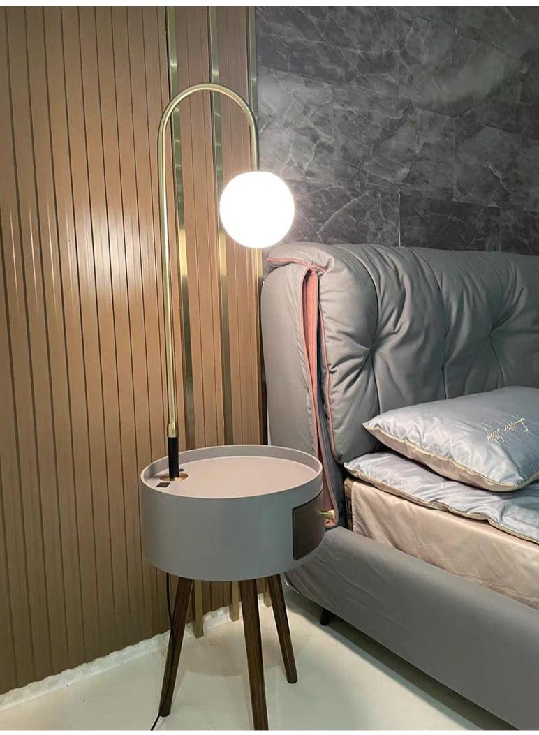 Modernize Stylish Decorative Floor Lamp Attached Wooden Round Table with Drawer and Charging Port