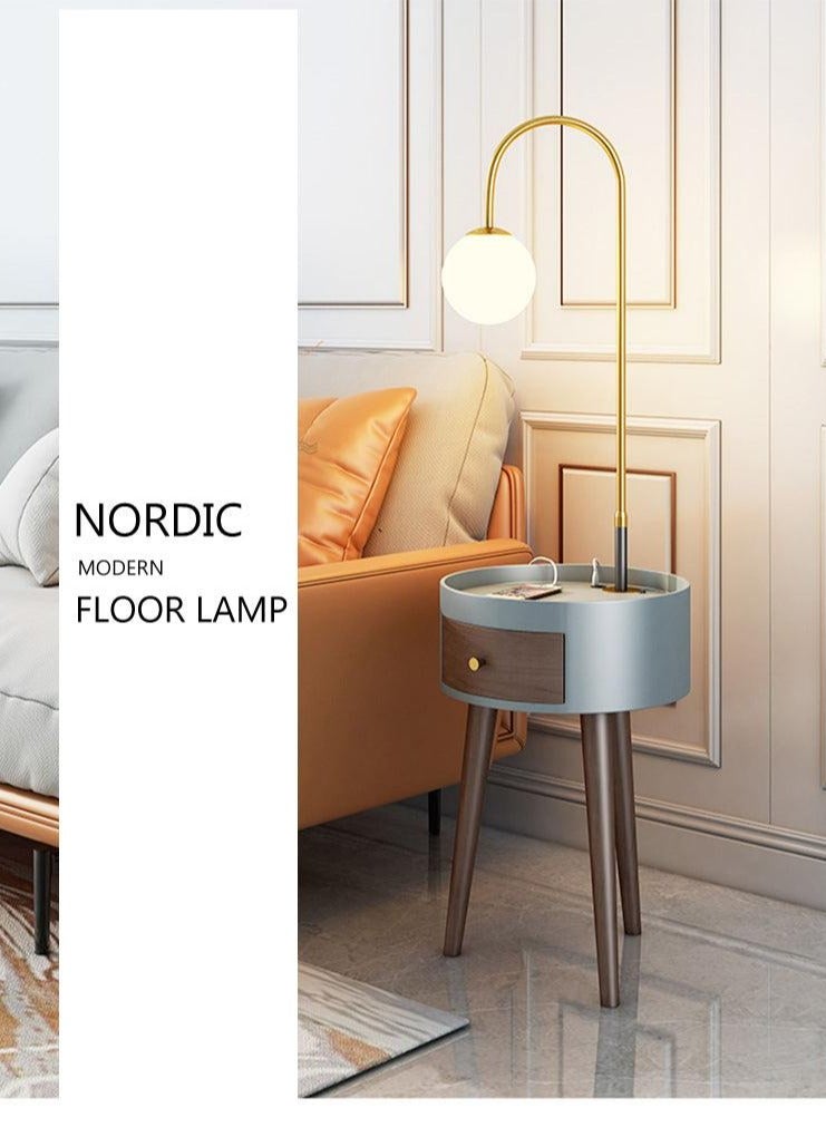 Modernize Stylish Decorative Floor Lamp Attached Wooden Round Table with Drawer and Charging Port