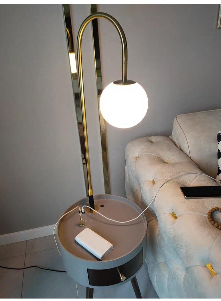 Modernize Stylish Decorative Floor Lamp Attached Wooden Round Table with Drawer and Charging Port