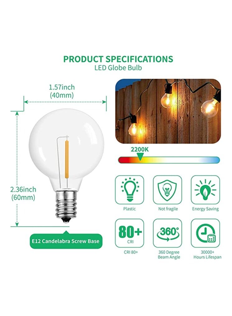 G40 Led Replacement Light Bulbs E12 Screw Base Shatterproof LED Globe Bulbs Light for Outdoor String Lights Warm White 2200K Light Bulbs for Indoor Outdoor Patio Decor (25Pcs)