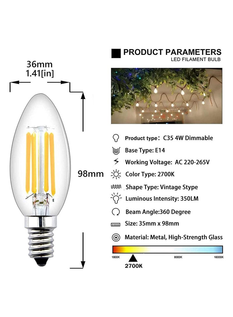 LED Candle Bulbs 4PCS E14 LED Filament Light Bulbs 4 Watt C35 Dimmable Cool Day Light White 2700K Classic Vintage Clear Glass 400LM 90% Energy Saving 10000h Life 40W Incandescent Equivalent