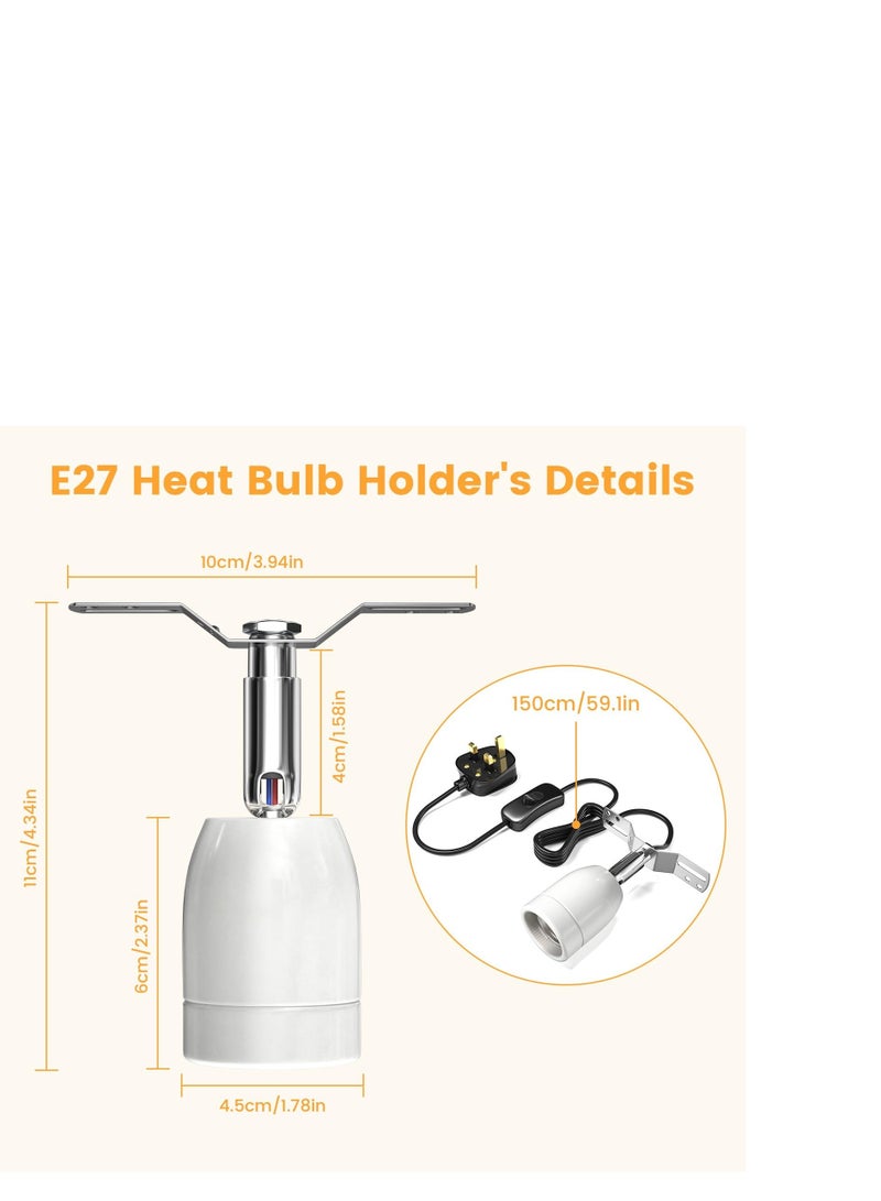 300W Ceramic Reptile Heat Lamp Holder, E27 Base Bulb Rotatable Light Holder with Inline ON/Off Switch for Turtle, Snake, Lizard, Dog, Chick- No