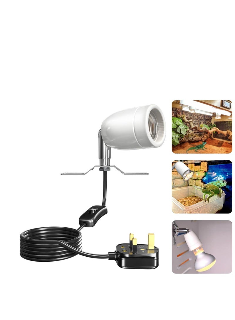 300W Ceramic Reptile Heat Lamp Holder, E27 Base Bulb Rotatable Light Holder with Inline ON/Off Switch for Turtle, Snake, Lizard, Dog, Chick- No