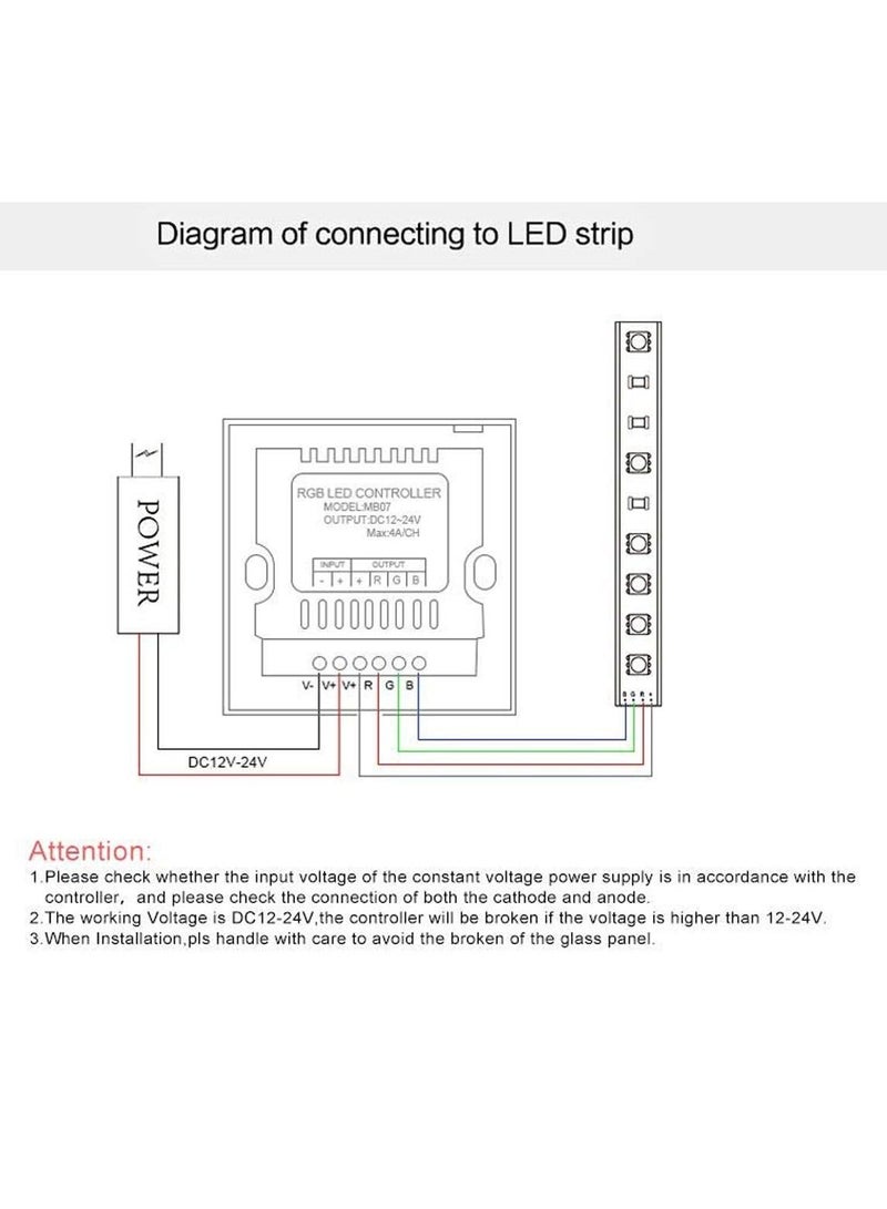 Light Dimmer Switch, LED Controller, Wall- Mounted Plastic Cover Touch Panel Switch for DC12V-24V 3528 2835 5050 Single Color Strip Lighting(RGB-Red, Green, Blue)