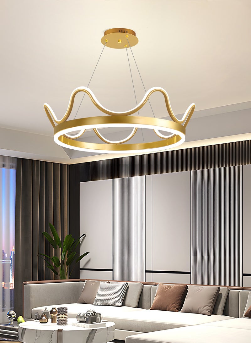 LED Pendant Light Golden Crown Round Pendant Light Bedroom Dining Room Lighting Adjustable Living Room Children Hanging Lamp Iron Art Acrylic 3 Colors Dimming Light,64W