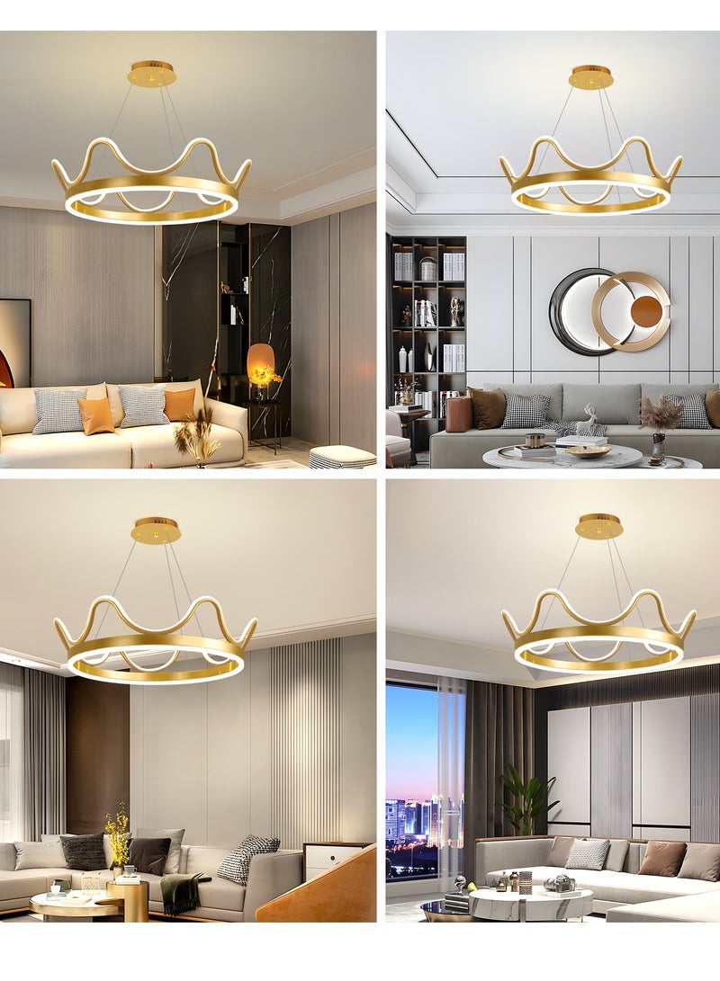 LED Pendant Light Golden Crown Round Pendant Light Bedroom Dining Room Lighting Adjustable Living Room Children Hanging Lamp Iron Art Acrylic 3 Colors Dimming Light,64W