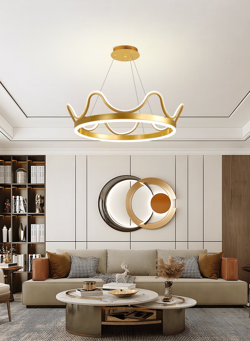 LED Pendant Light Golden Crown Round Pendant Light Bedroom Dining Room Lighting Adjustable Living Room Children Hanging Lamp Iron Art Acrylic 3 Colors Dimming Light,64W