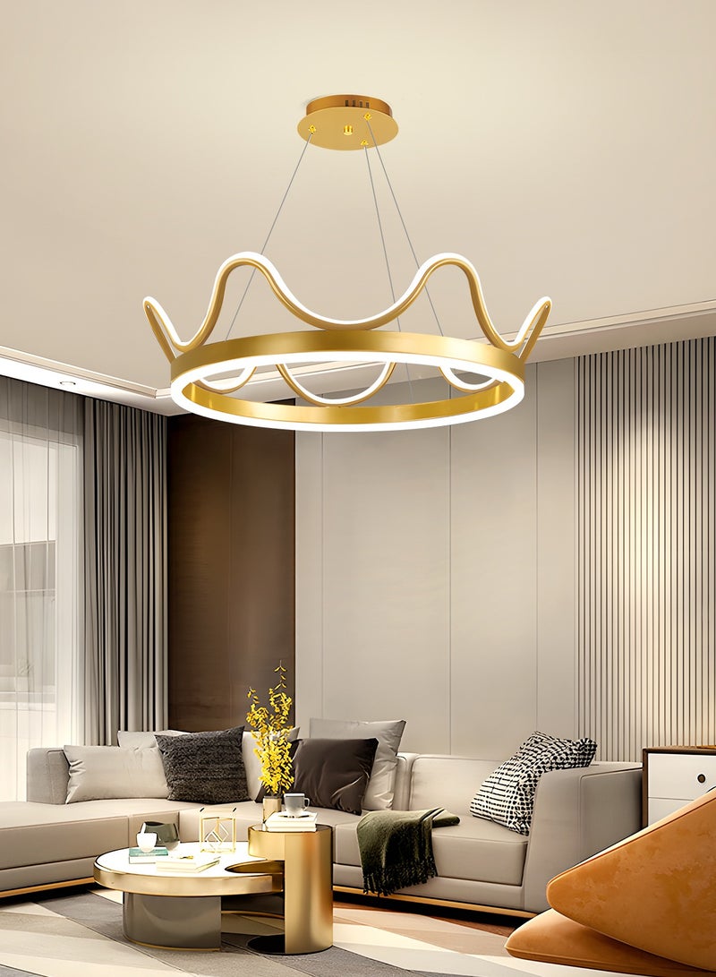 LED Pendant Light Golden Crown Round Pendant Light Bedroom Dining Room Lighting Adjustable Living Room Children Hanging Lamp Iron Art Acrylic 3 Colors Dimming Light,64W