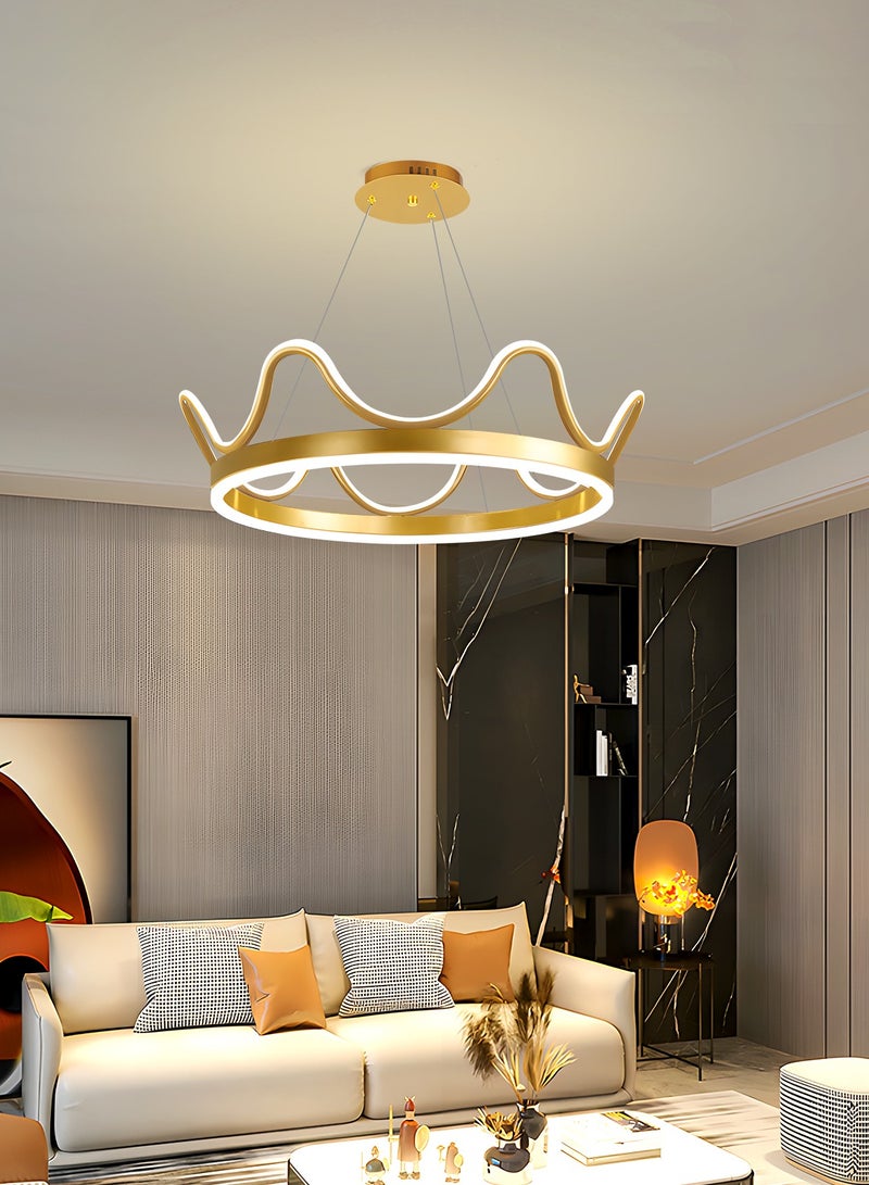 LED Pendant Light Golden Crown Round Pendant Light Bedroom Dining Room Lighting Adjustable Living Room Children Hanging Lamp Iron Art Acrylic 3 Colors Dimming Light,64W