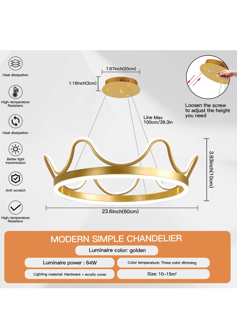 LED Pendant Light Golden Crown Round Pendant Light Bedroom Dining Room Lighting Adjustable Living Room Children Hanging Lamp Iron Art Acrylic 3 Colors Dimming Light,64W